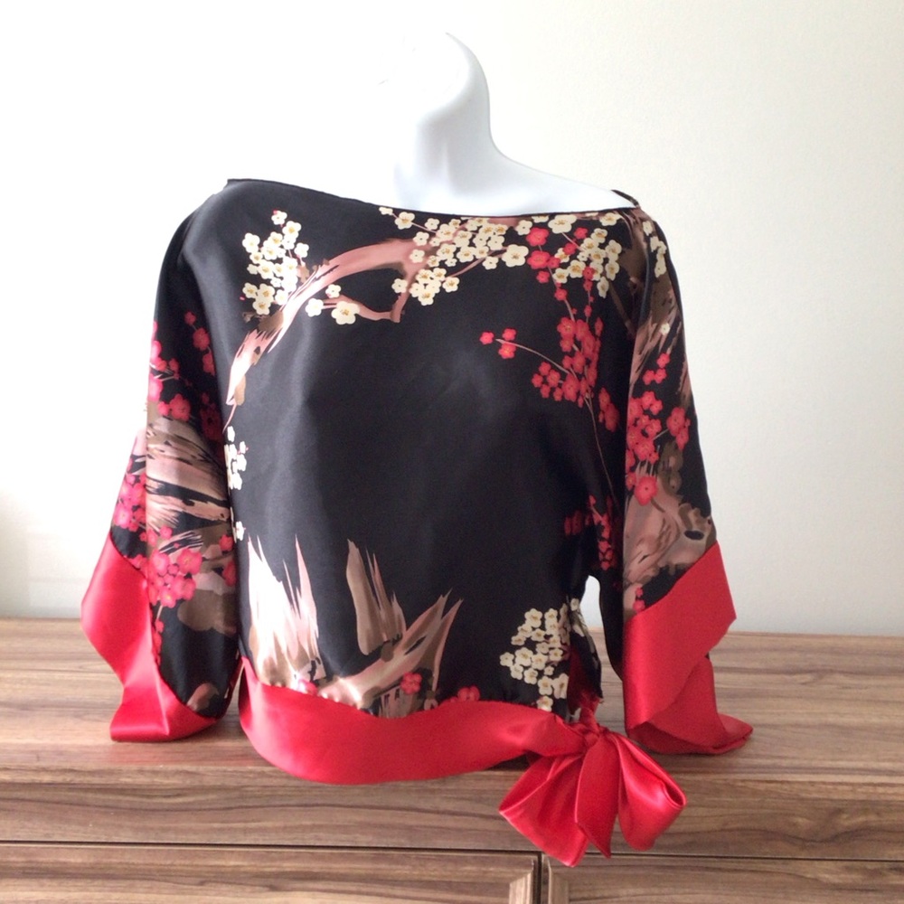 Y2K Akira Oriental Black Floral Cherry Blossom Off Shoulder Satin IndieTop S